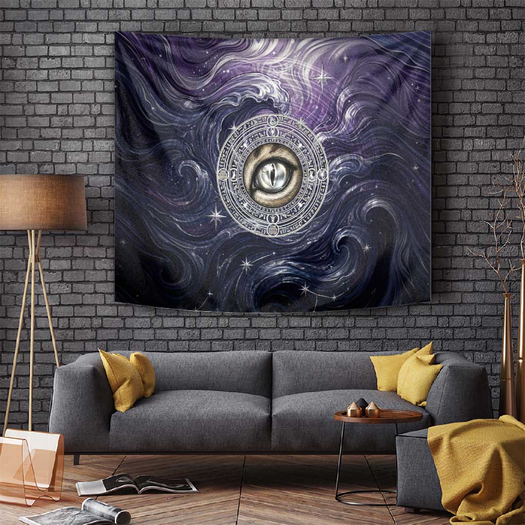 Pakhet Panther Tapestry with Cosmic Feline Eye on Starry Night River