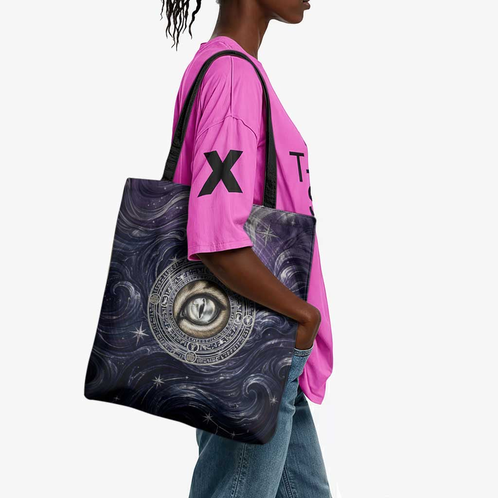 Pakhet Panther Tote Bag with Cosmic Feline Eye on Starry Night River
