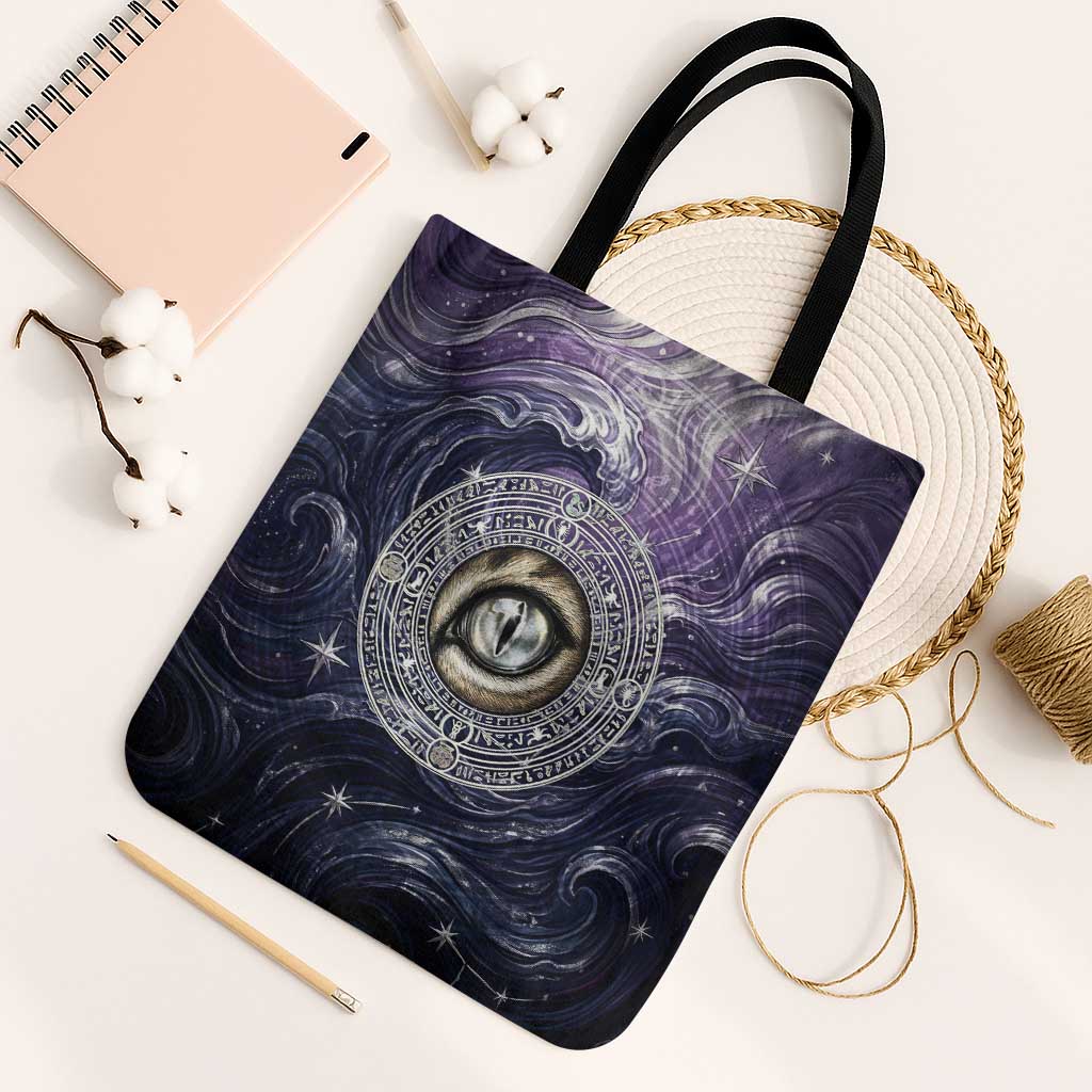 Pakhet Panther Tote Bag with Cosmic Feline Eye on Starry Night River