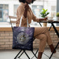 Pakhet Panther Tote Bag with Cosmic Feline Eye on Starry Night River