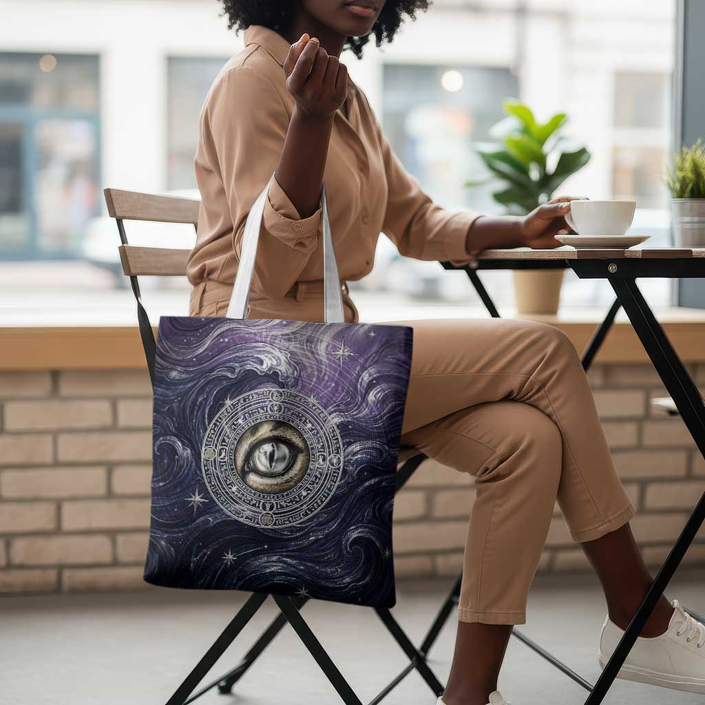 Pakhet Panther Tote Bag with Cosmic Feline Eye on Starry Night River
