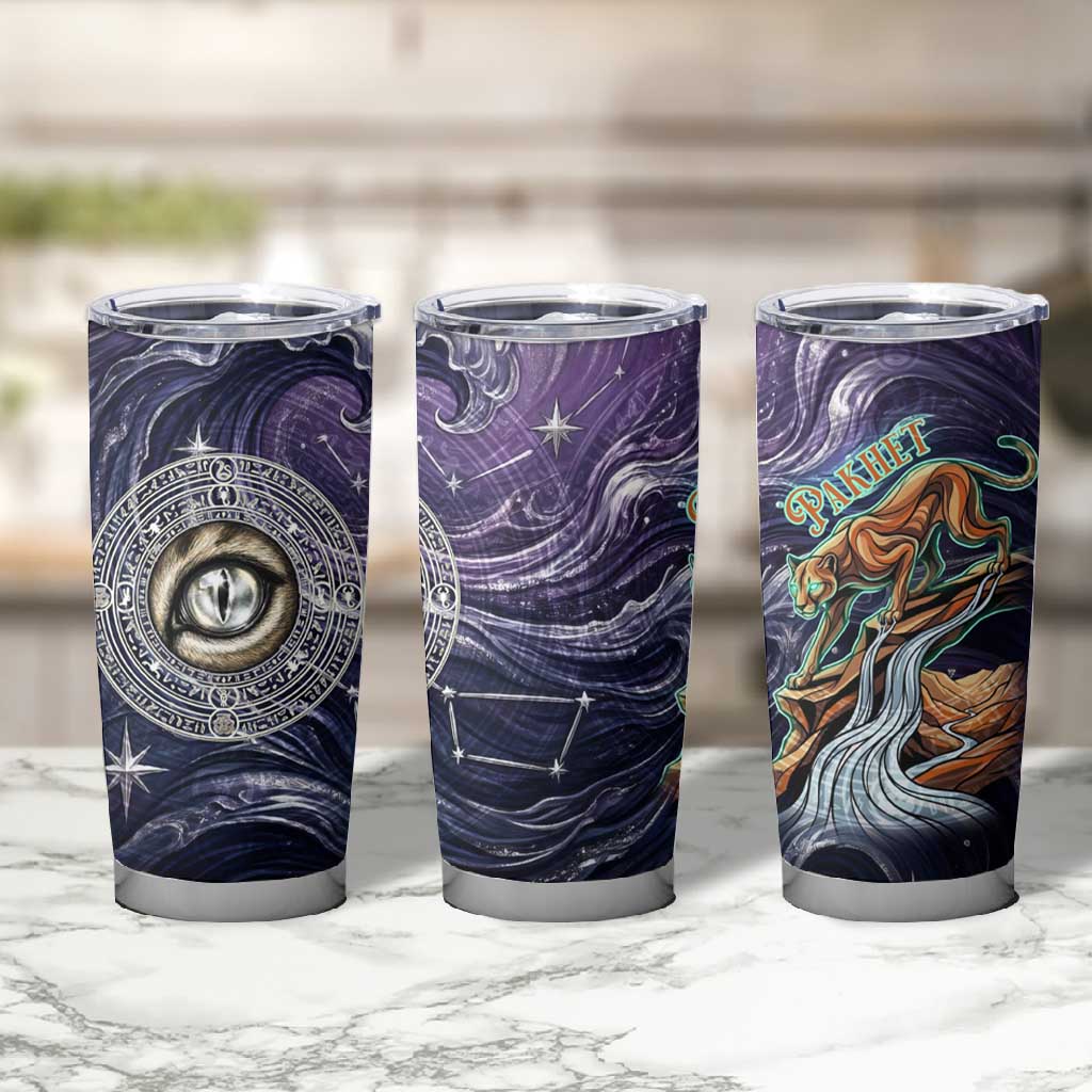 Pakhet Panther Tumbler Cup with Cosmic Feline Eye on Starry Night River