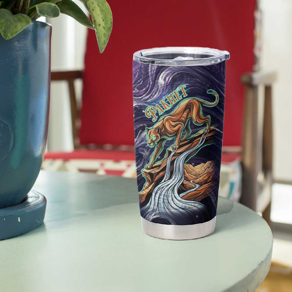 Pakhet Panther Tumbler Cup with Cosmic Feline Eye on Starry Night River