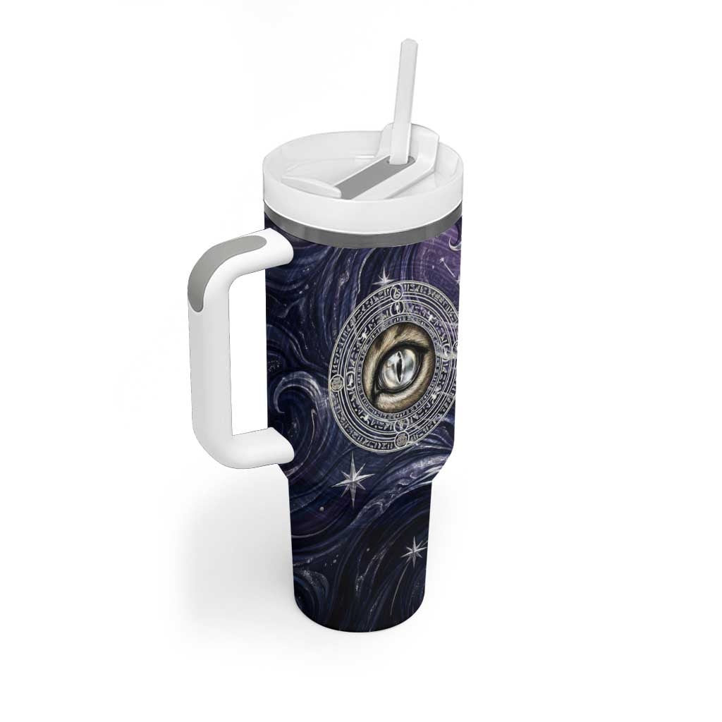 Pakhet Panther Tumbler With Handle with Cosmic Feline Eye on Starry Night River