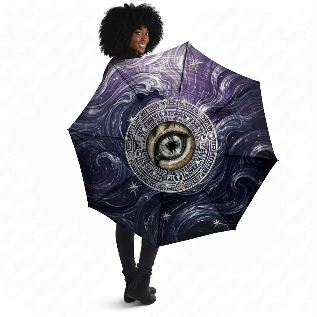 Pakhet Panther Umbrella with Cosmic Feline Eye on Starry Night River