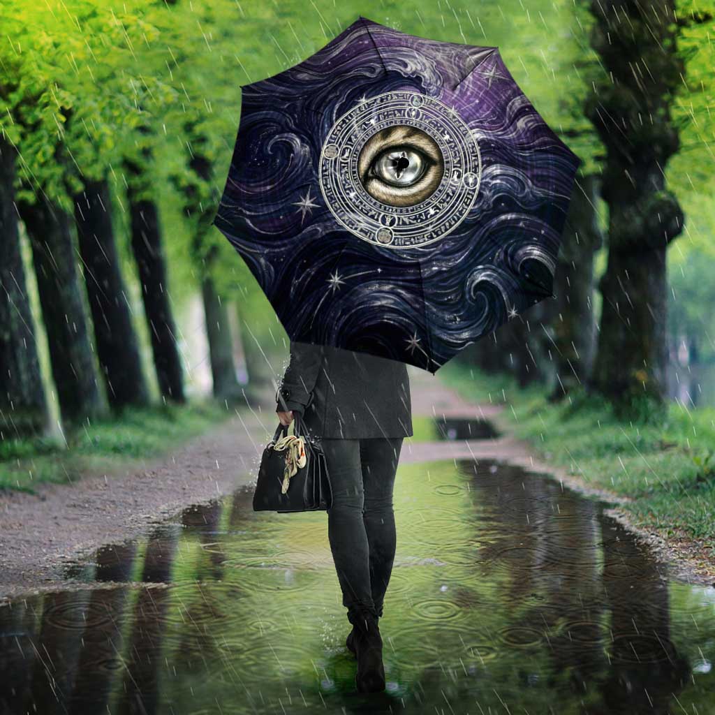 Pakhet Panther Umbrella with Cosmic Feline Eye on Starry Night River