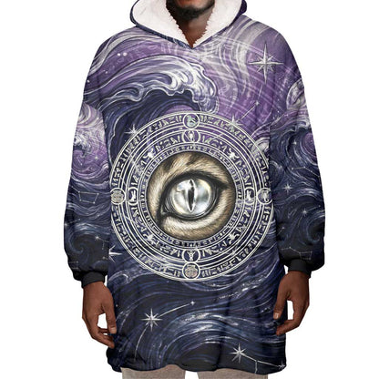 Pakhet Panther Wearable Blanket Hoodie with Cosmic Feline Eye on Starry Night River