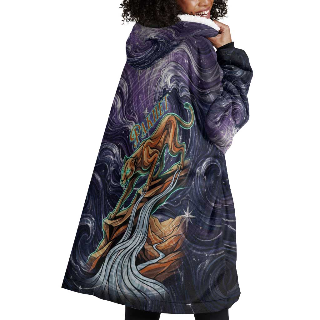 Pakhet Panther Wearable Blanket Hoodie with Cosmic Feline Eye on Starry Night River