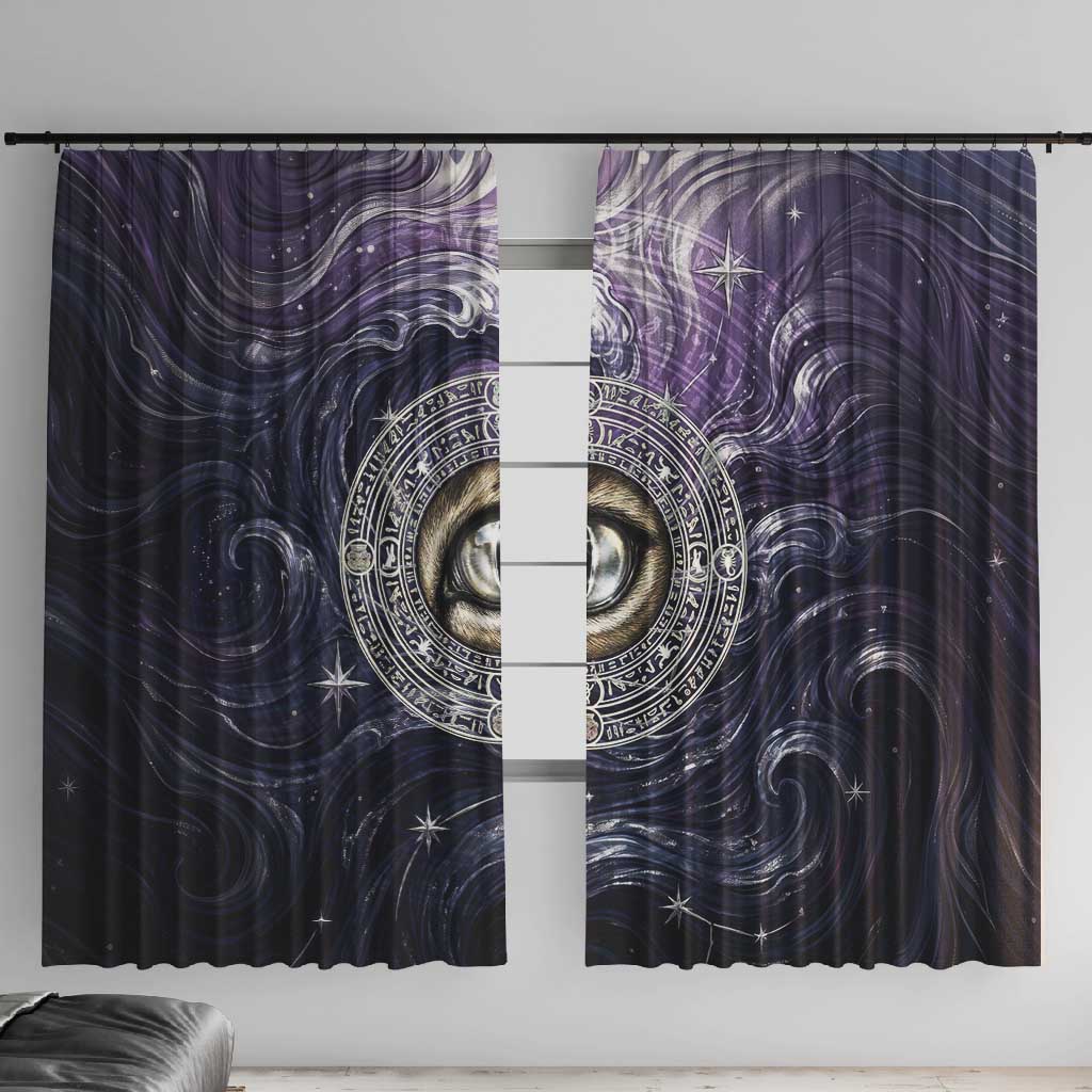 Pakhet Panther Window Curtain with Cosmic Feline Eye on Starry Night River