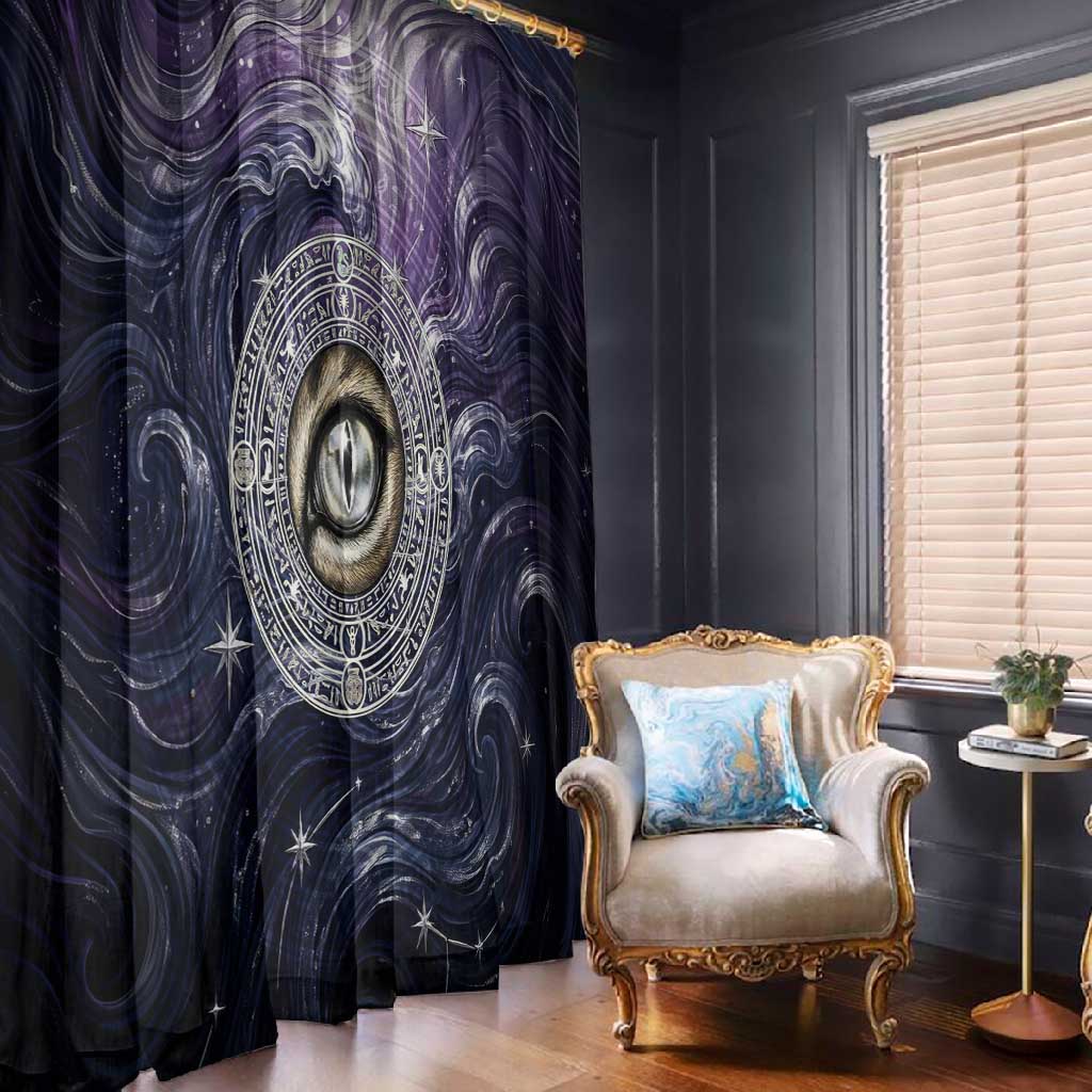 Pakhet Panther Window Curtain with Cosmic Feline Eye on Starry Night River