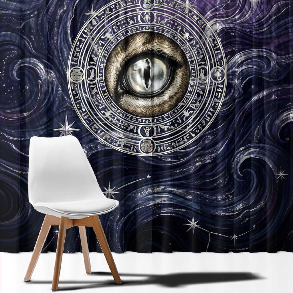 Pakhet Panther Window Curtain with Cosmic Feline Eye on Starry Night River