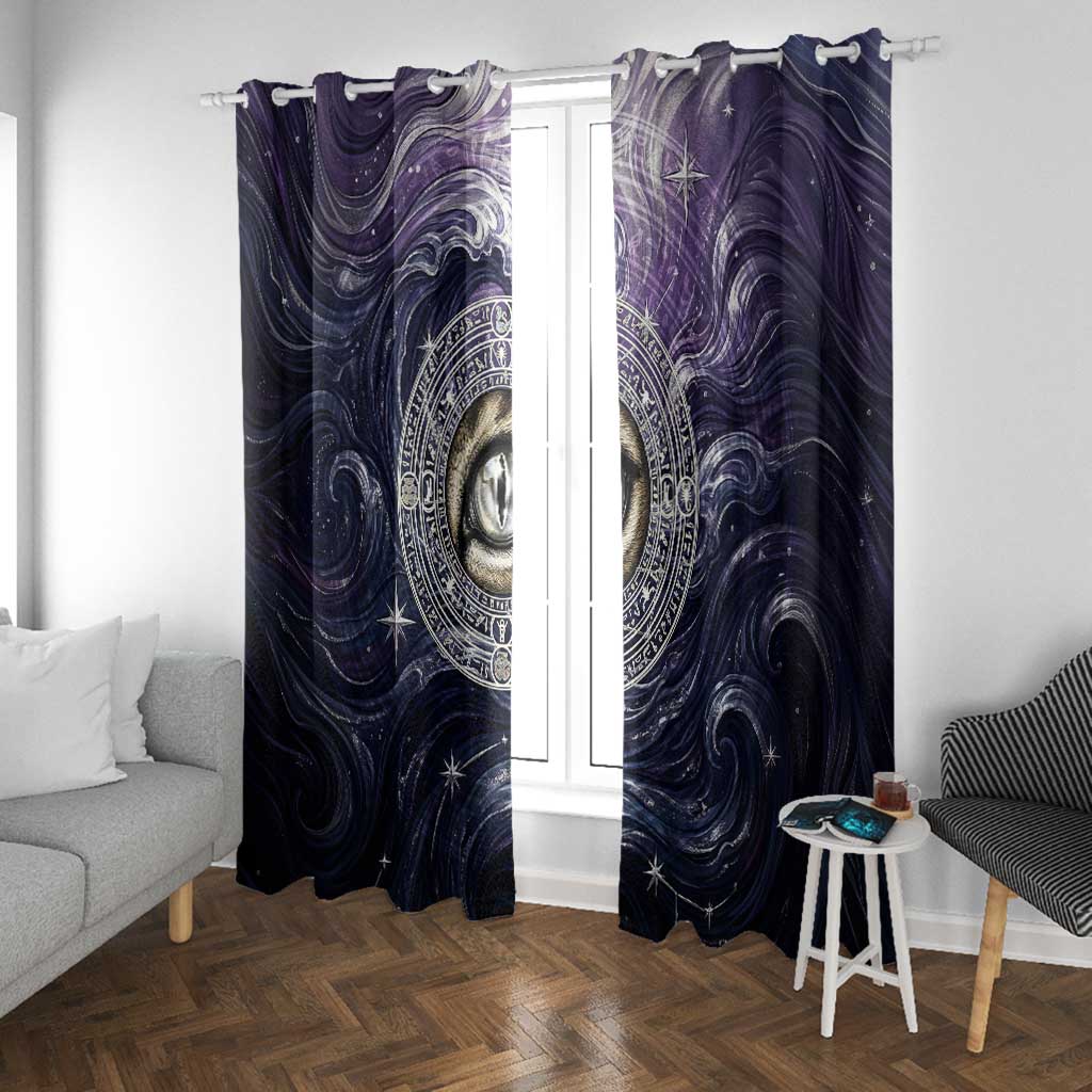 Pakhet Panther Window Curtain with Cosmic Feline Eye on Starry Night River
