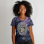 Pakhet Panther Women V-Neck T-Shirt with Cosmic Feline Eye on Starry Night River