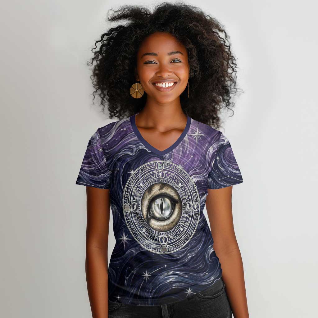 Pakhet Panther Women V-Neck T-Shirt with Cosmic Feline Eye on Starry Night River