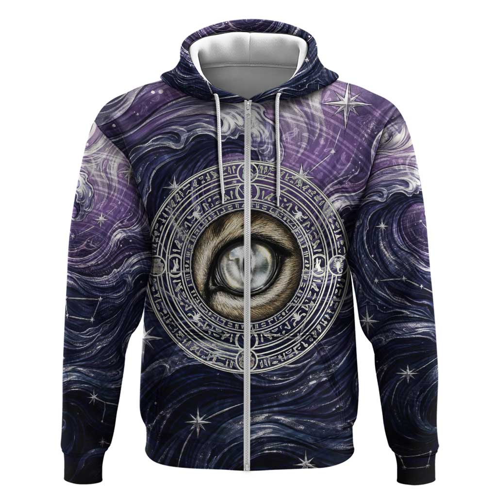 Pakhet Panther Zip Hoodie with Cosmic Feline Eye on Starry Night River