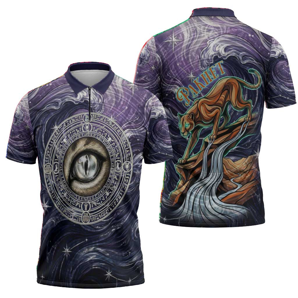 Pakhet Panther Zipper Polo Shirt with Cosmic Feline Eye on Starry Night River