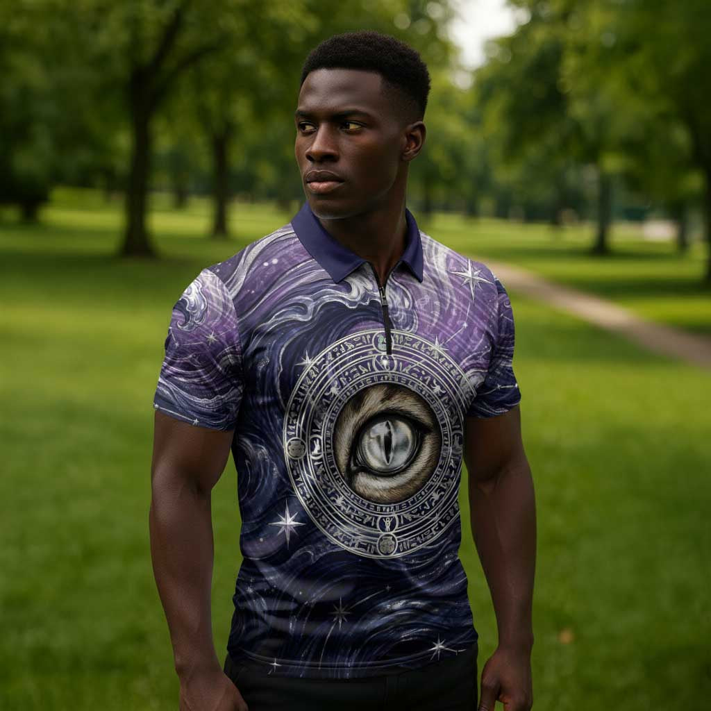 Pakhet Panther Zipper Polo Shirt with Cosmic Feline Eye on Starry Night River