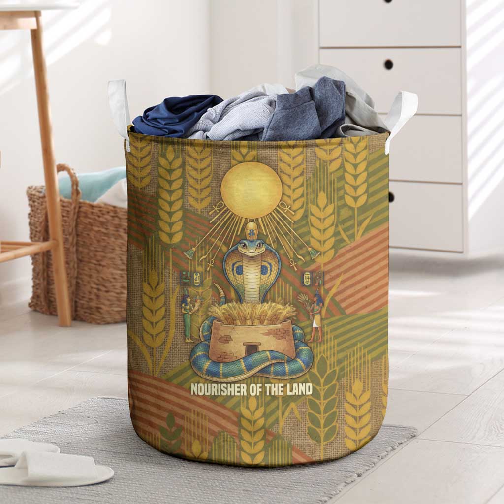 Renenutet  Golden Cobra Laundry Basket with Wheat Motif in Egyptian Agricultural Theme