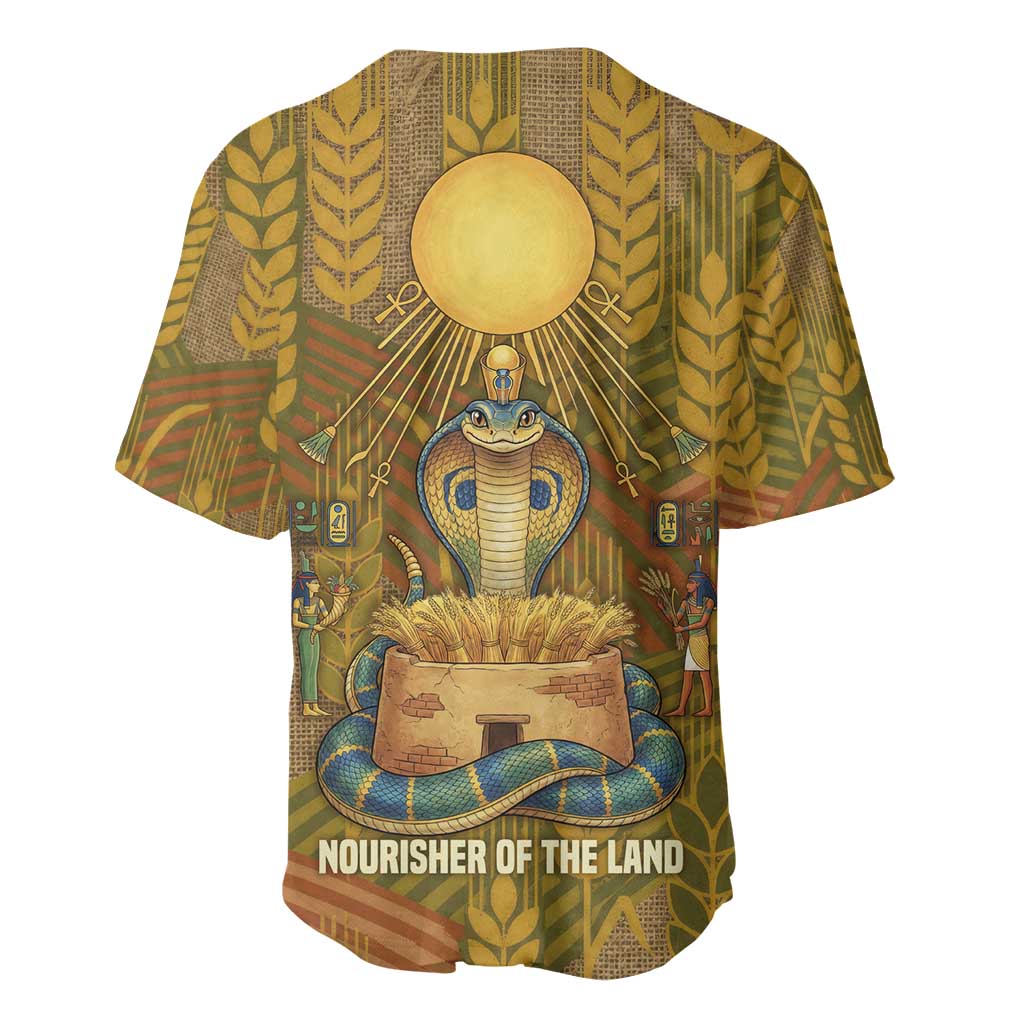 Renenutet  Golden Cobra Baseball Jersey with Wheat Motif in Egyptian Agricultural Theme