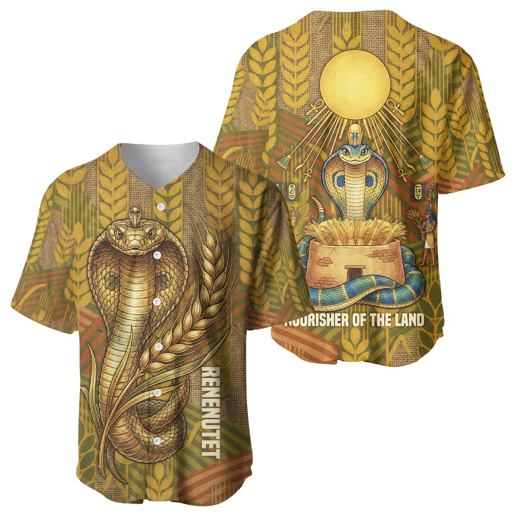 Renenutet  Golden Cobra Baseball Jersey with Wheat Motif in Egyptian Agricultural Theme