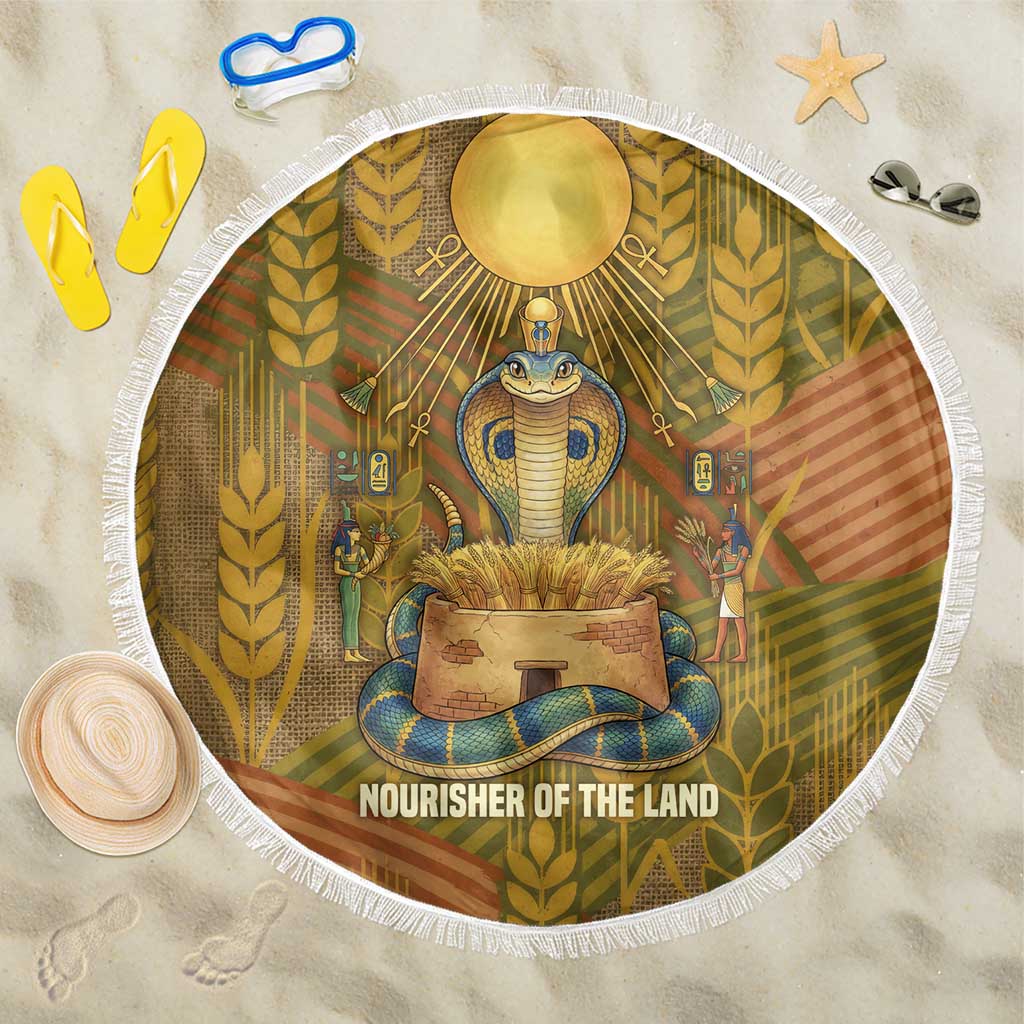 Renenutet  Golden Cobra Beach Blanket with Wheat Motif in Egyptian Agricultural Theme