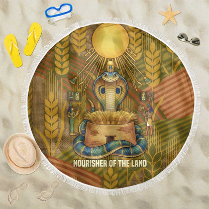 Renenutet  Golden Cobra Beach Blanket with Wheat Motif in Egyptian Agricultural Theme
