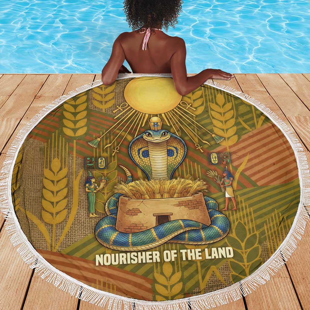 Renenutet  Golden Cobra Beach Blanket with Wheat Motif in Egyptian Agricultural Theme