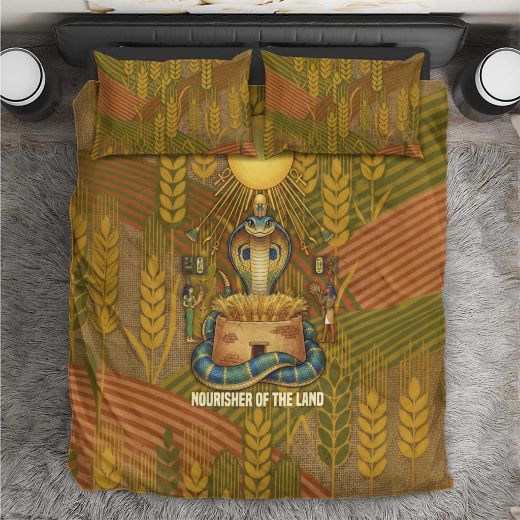 Renenutet  Golden Cobra Bedding Set with Wheat Motif in Egyptian Agricultural Theme