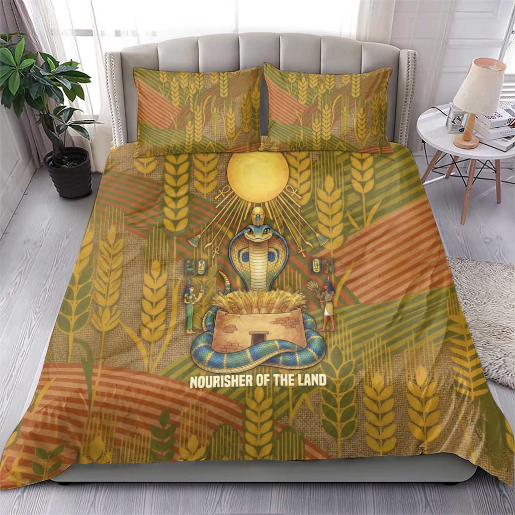 Renenutet  Golden Cobra Bedding Set with Wheat Motif in Egyptian Agricultural Theme