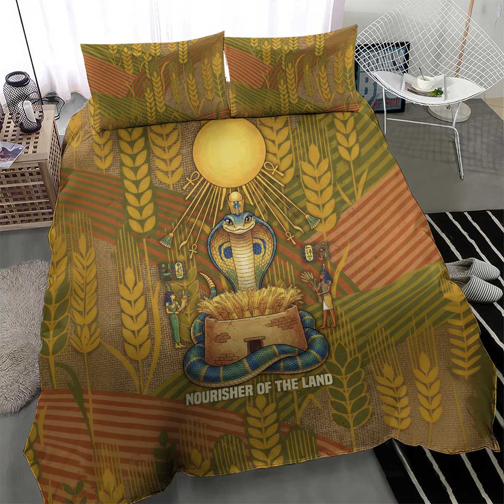 Renenutet  Golden Cobra Bedding Set with Wheat Motif in Egyptian Agricultural Theme