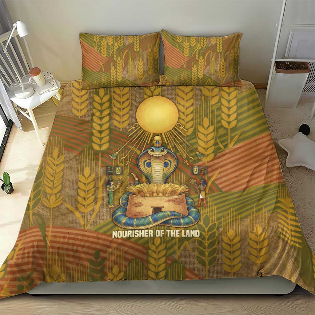 Renenutet  Golden Cobra Bedding Set with Wheat Motif in Egyptian Agricultural Theme