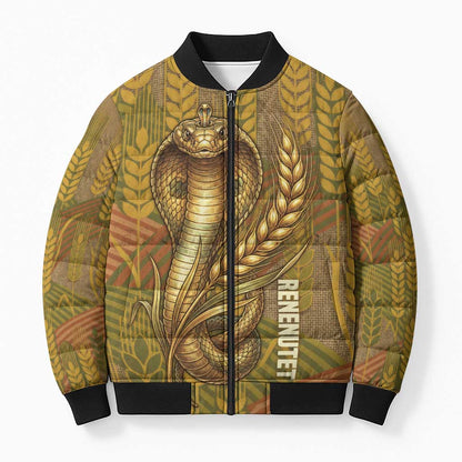 Renenutet  Golden Cobra Bomber Puffer Jacket with Wheat Motif in Egyptian Agricultural Theme