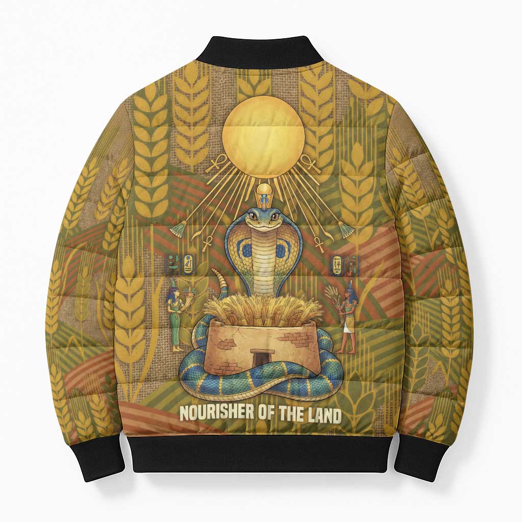 Renenutet  Golden Cobra Bomber Puffer Jacket with Wheat Motif in Egyptian Agricultural Theme