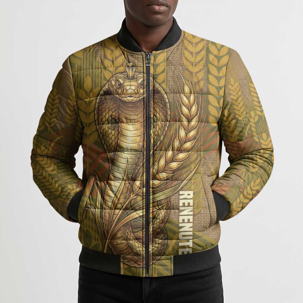 Renenutet  Golden Cobra Bomber Puffer Jacket with Wheat Motif in Egyptian Agricultural Theme