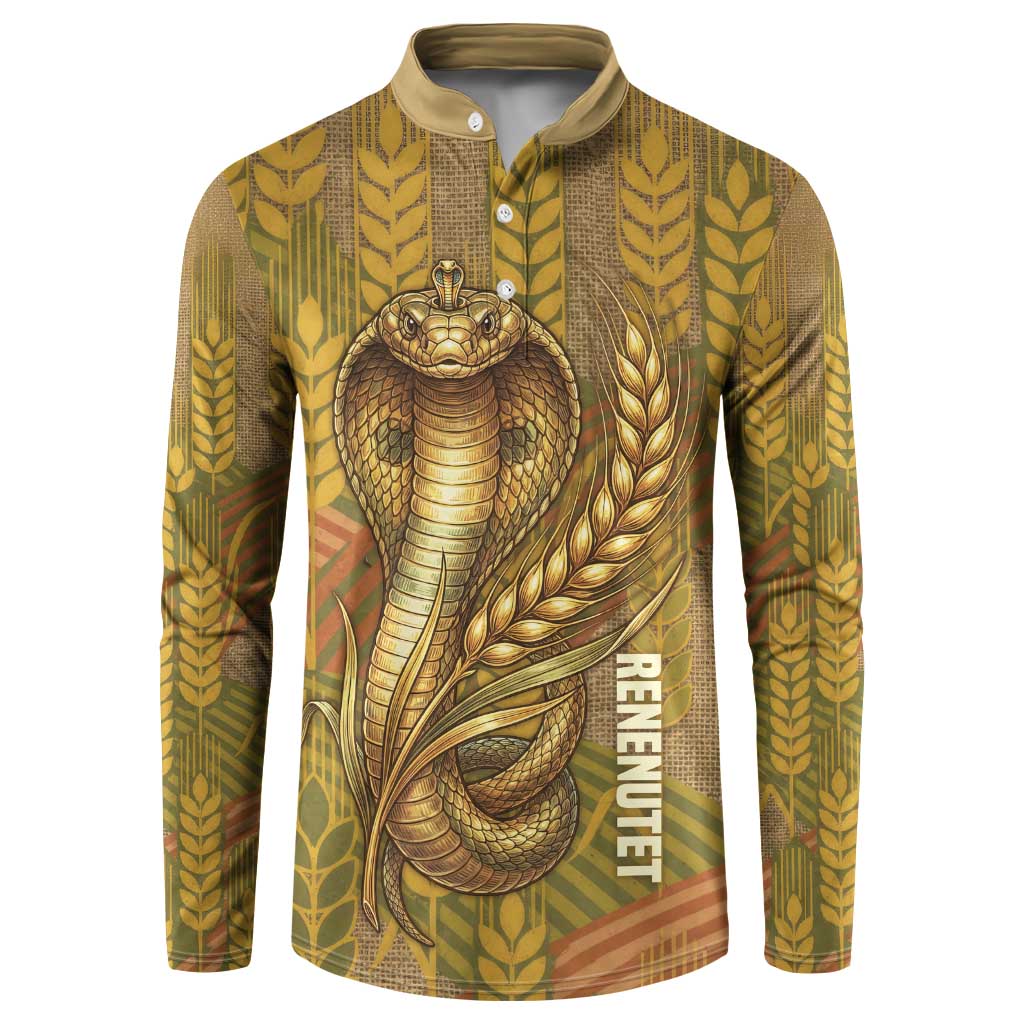 Renenutet  Golden Cobra Button Sweatshirt with Wheat Motif in Egyptian Agricultural Theme