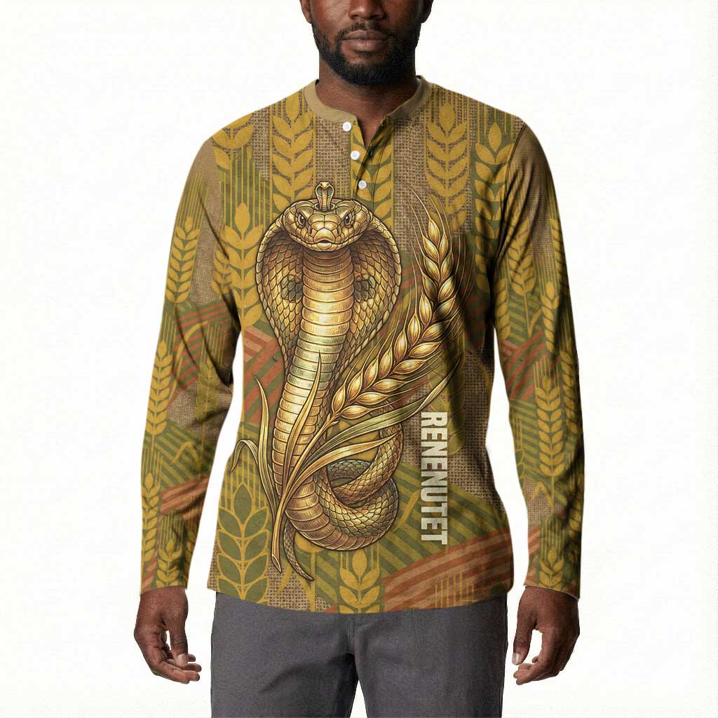 Renenutet  Golden Cobra Button Sweatshirt with Wheat Motif in Egyptian Agricultural Theme