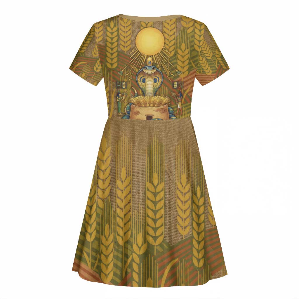 Renenutet  Golden Cobra Kid Short Sleeve Dress with Wheat Motif in Egyptian Agricultural Theme