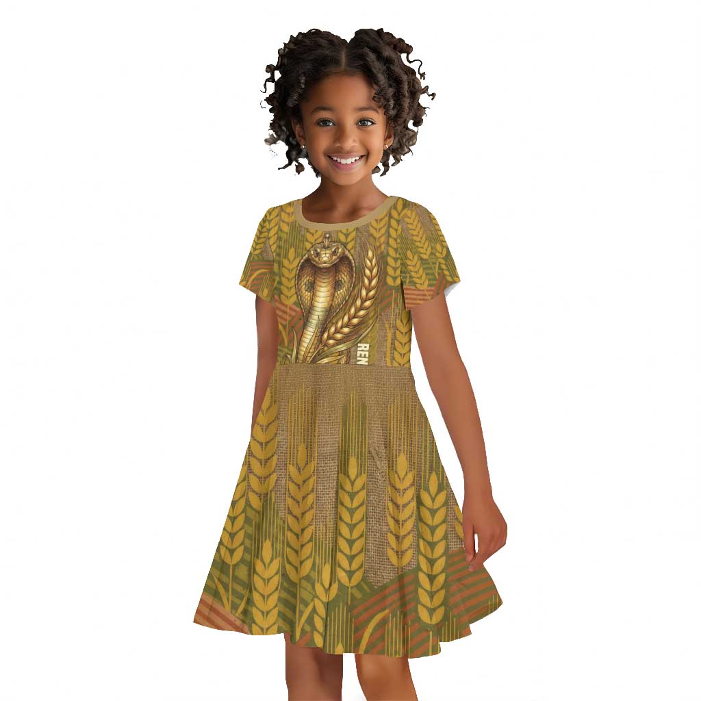 Renenutet  Golden Cobra Kid Short Sleeve Dress with Wheat Motif in Egyptian Agricultural Theme