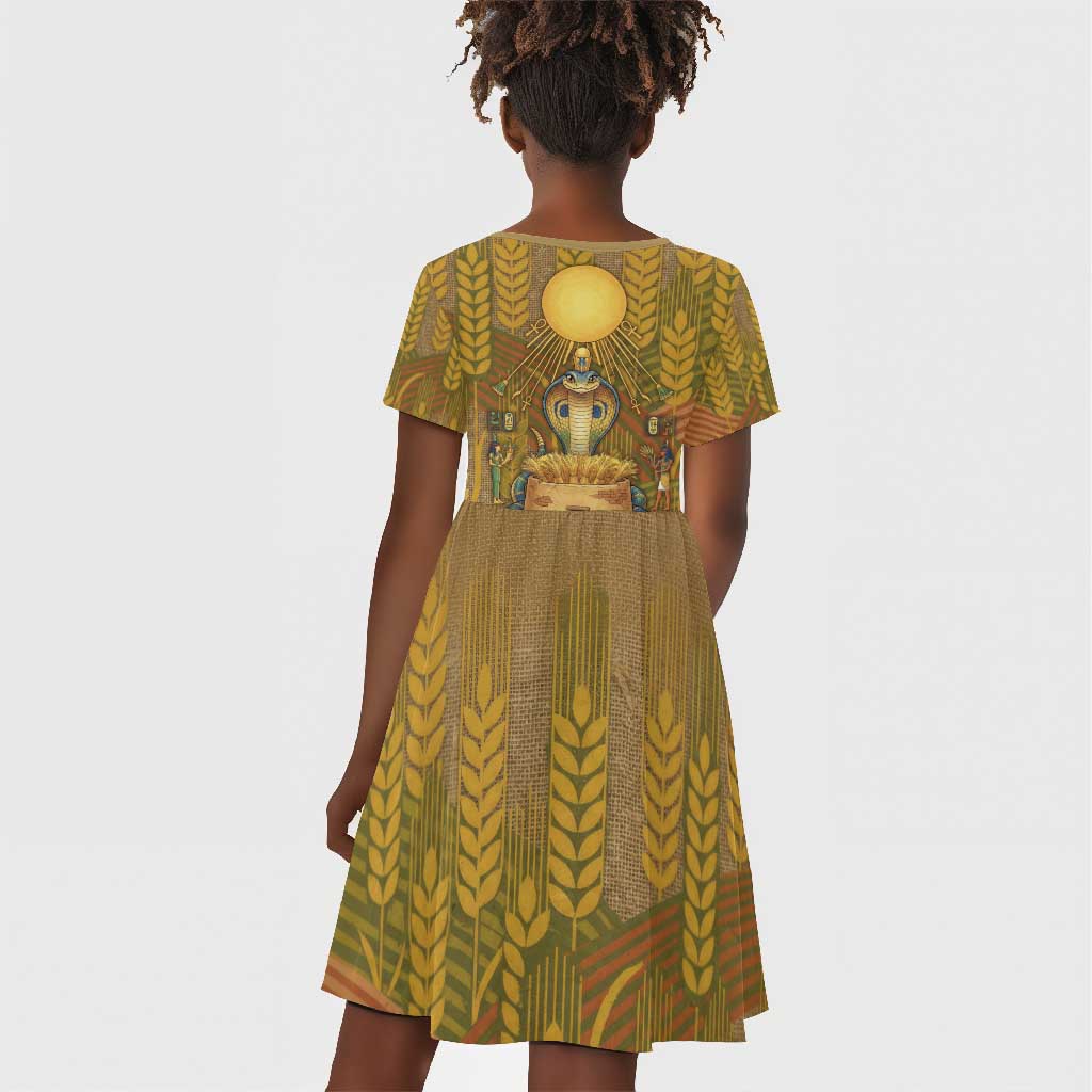 Renenutet  Golden Cobra Kid Short Sleeve Dress with Wheat Motif in Egyptian Agricultural Theme