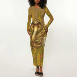 Renenutet  Golden Cobra Long Sleeve Bodycon Dress with Wheat Motif in Egyptian Agricultural Theme