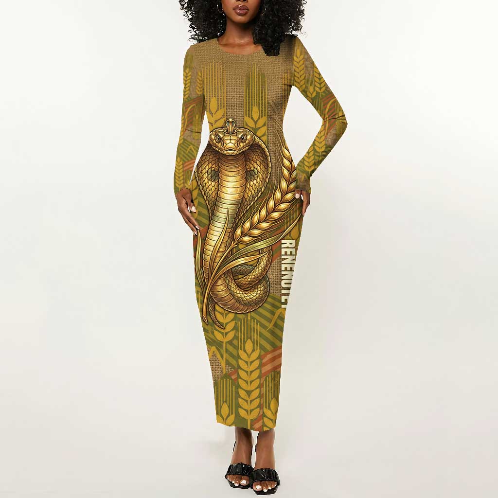 Renenutet  Golden Cobra Long Sleeve Bodycon Dress with Wheat Motif in Egyptian Agricultural Theme
