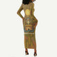 Renenutet  Golden Cobra Long Sleeve Bodycon Dress with Wheat Motif in Egyptian Agricultural Theme