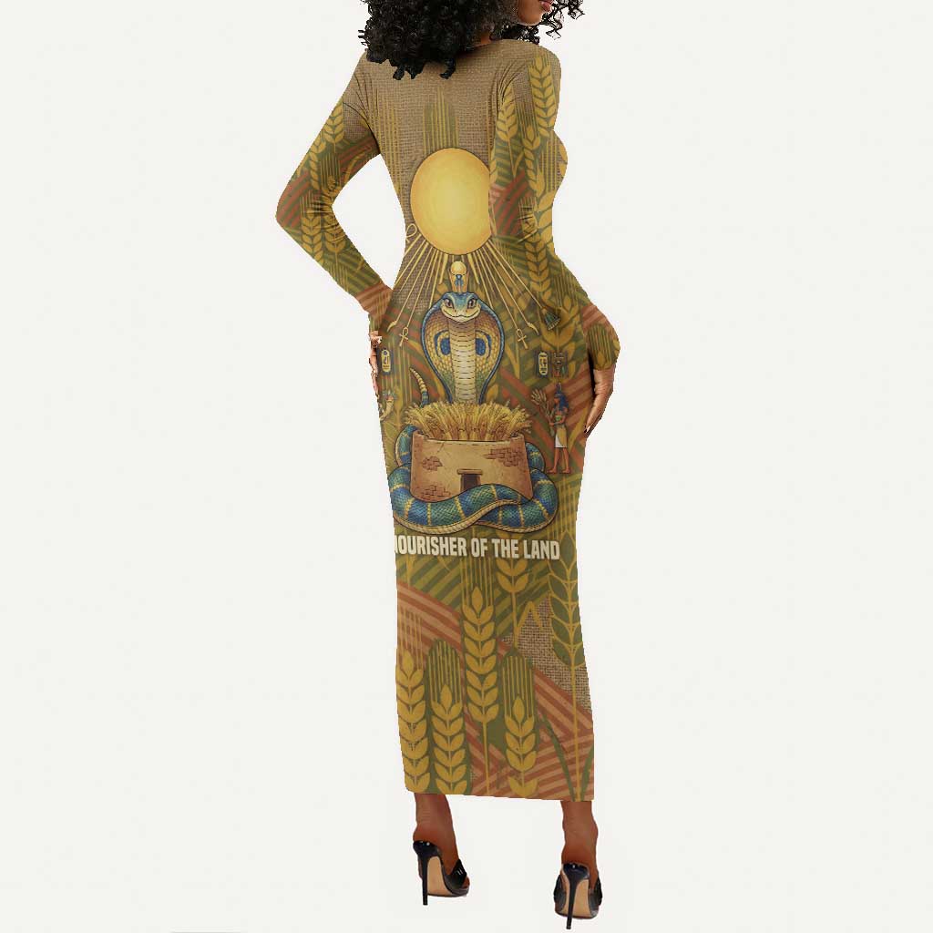 Renenutet  Golden Cobra Long Sleeve Bodycon Dress with Wheat Motif in Egyptian Agricultural Theme