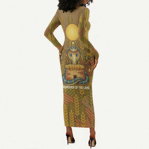 Renenutet  Golden Cobra Long Sleeve Bodycon Dress with Wheat Motif in Egyptian Agricultural Theme