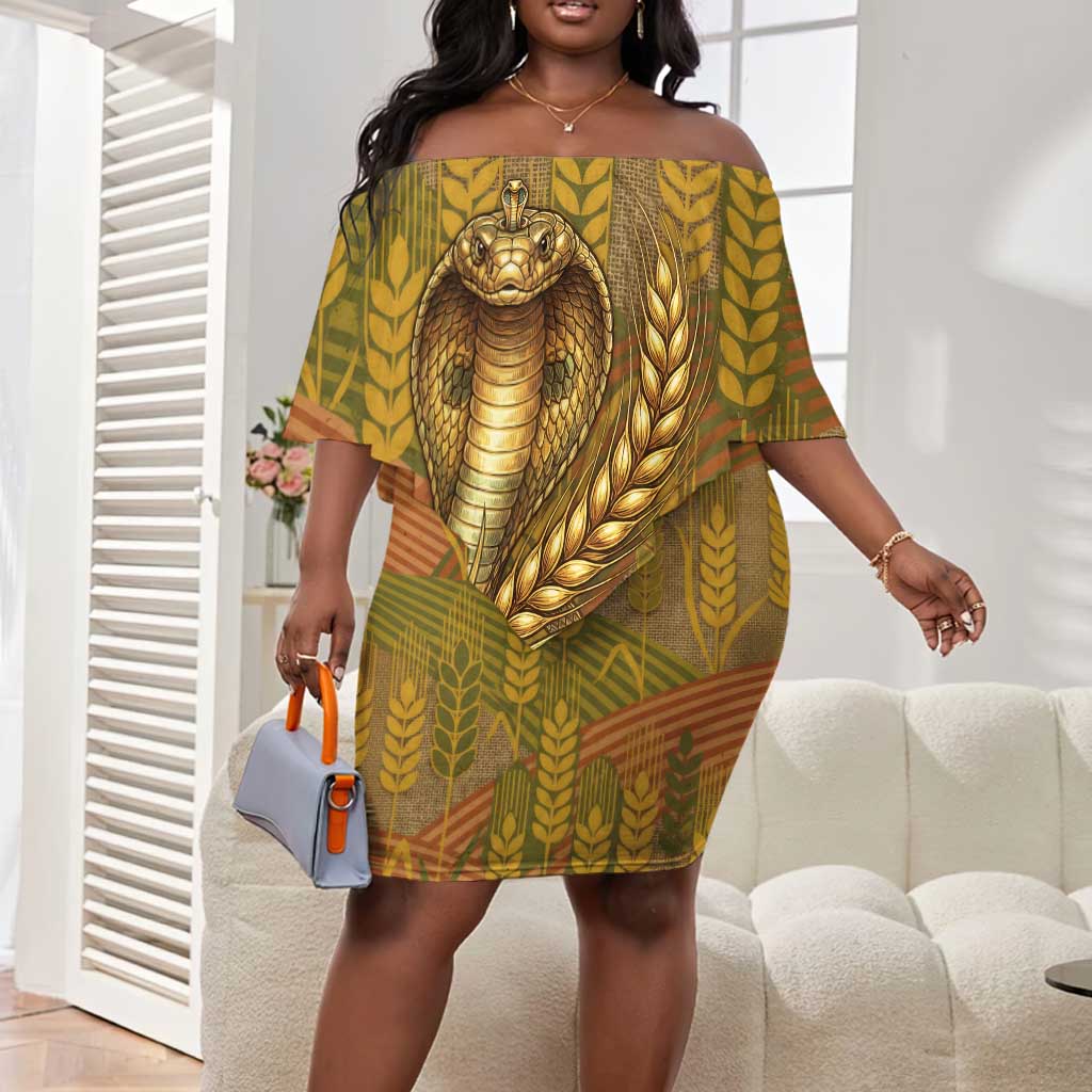 Renenutet  Golden Cobra Off Shoulder Short Dress with Wheat Motif in Egyptian Agricultural Theme