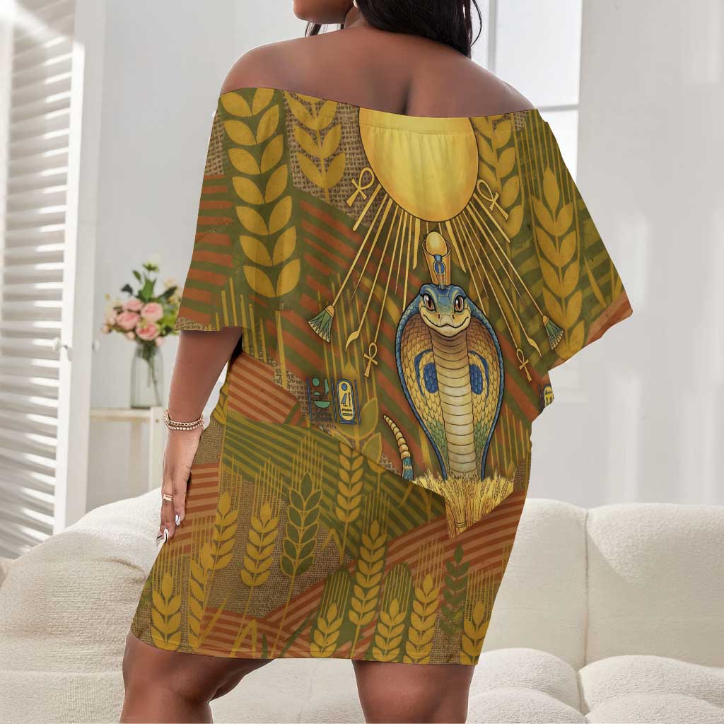 Renenutet  Golden Cobra Off Shoulder Short Dress with Wheat Motif in Egyptian Agricultural Theme