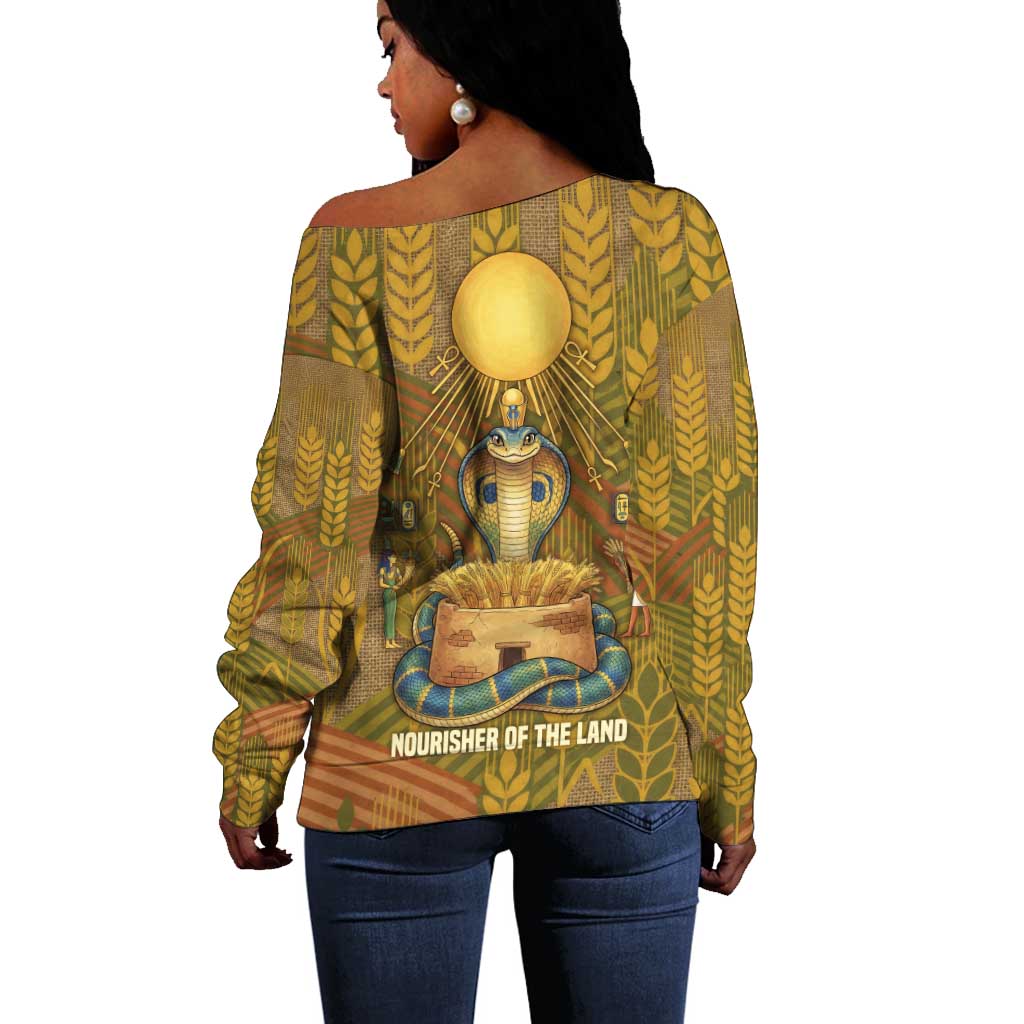 Renenutet  Golden Cobra Off Shoulder Sweater with Wheat Motif in Egyptian Agricultural Theme