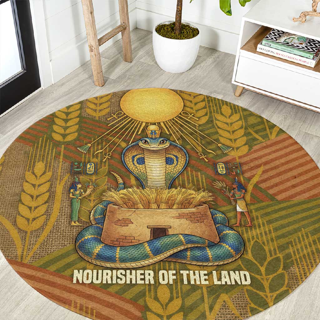 Renenutet  Golden Cobra Round Carpet with Wheat Motif in Egyptian Agricultural Theme