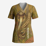 Renenutet  Golden Cobra Scrub Top with Wheat Motif in Egyptian Agricultural Theme