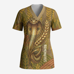 Renenutet  Golden Cobra Scrub Top with Wheat Motif in Egyptian Agricultural Theme
